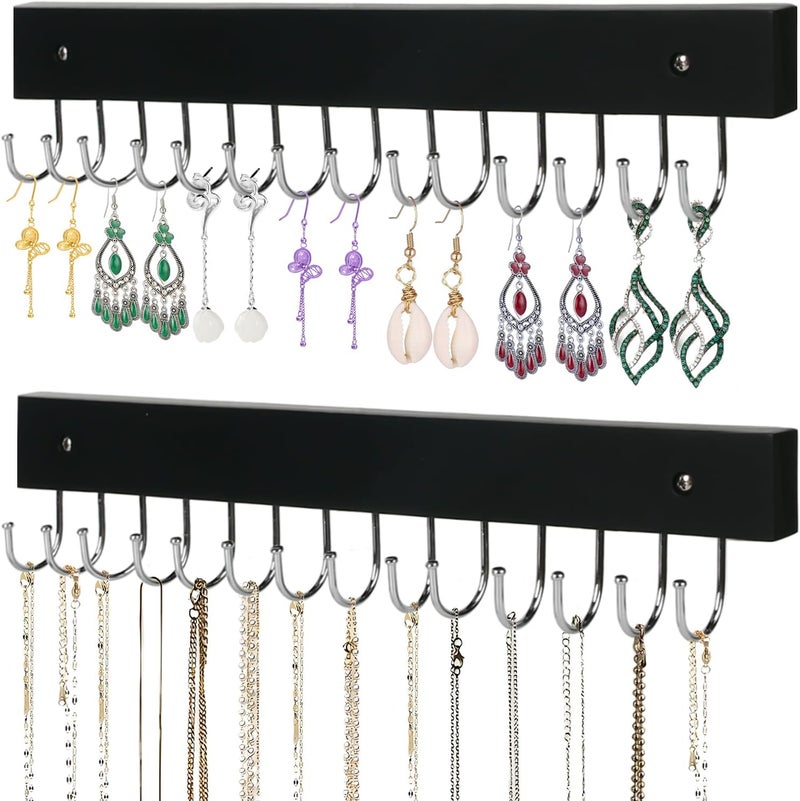 AnDock Necklace Holder Wall Mounted Jewelry Organizer - 2 Pack Wooden with 28 Hooks, Hanging Earring & Ring Bracelet Storage, Decorative Space-Saving Jewelry Display (Black) - Image 1